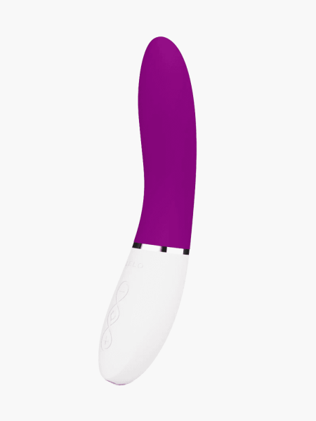 Liv 3 vibrator in purple and white color way on light gray background