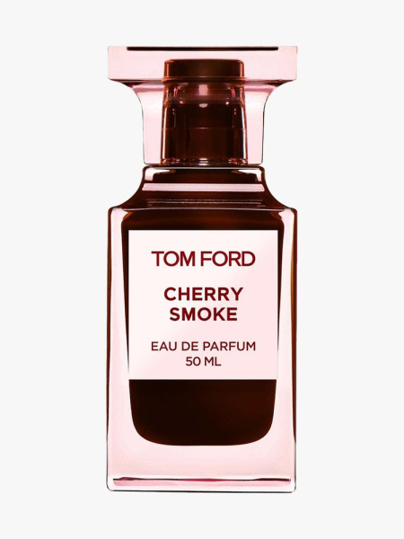 Tom Ford Cherry Smoke Eau de Parfum red and transparent pink bottle of perfume on light gray background
